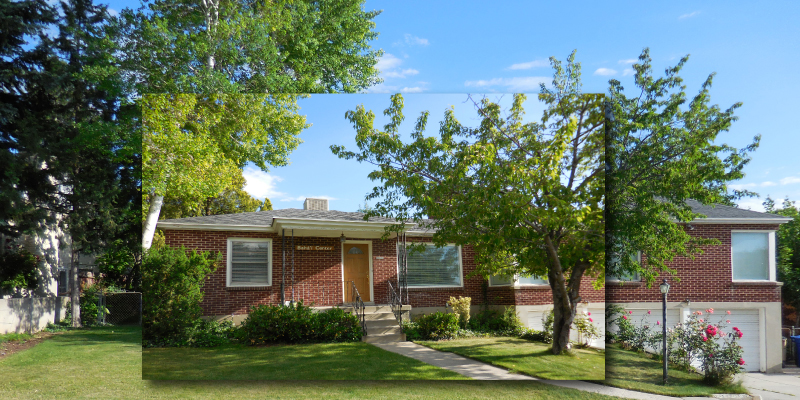 The Salt Lake City Bahá'í Center — a single-story brick building shaded by mature trees.