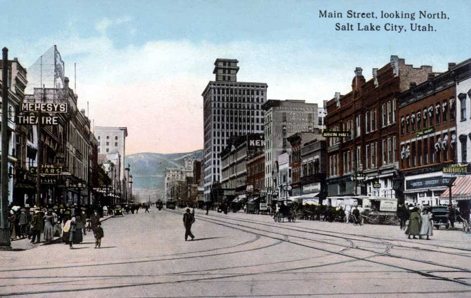 Hand-coloured postcard of Main Street, Salt Lake City, looking north, circa 1900.